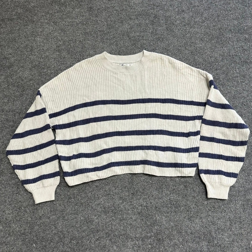 Hollister Sweater Womens Size S White Navy Blue Striped Cropped Knit Relaxed Fit